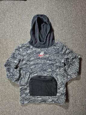 Nike Boys L 7 Gray All Over Logo Print Hoodie Black Kangaroo Pocket Sweatshirt